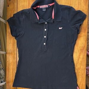 Vineyard Vines Navy Polo with Pink Trim and Whale Logo